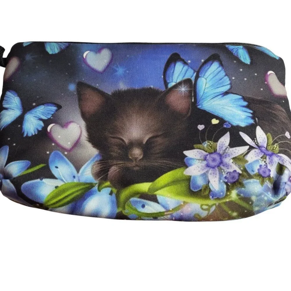 Black Cat Floral Butterfly Make-up Bag